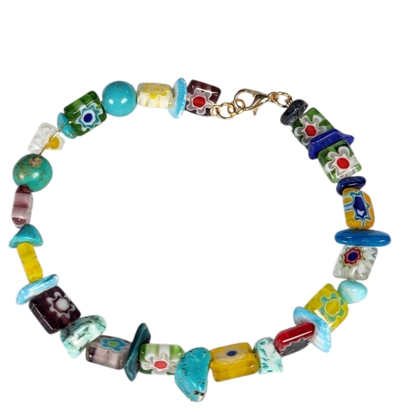 Colorful Millefiori Floral Glass Squares & Turquoise Chips Beaded Bracelet - Picture 1 of 5